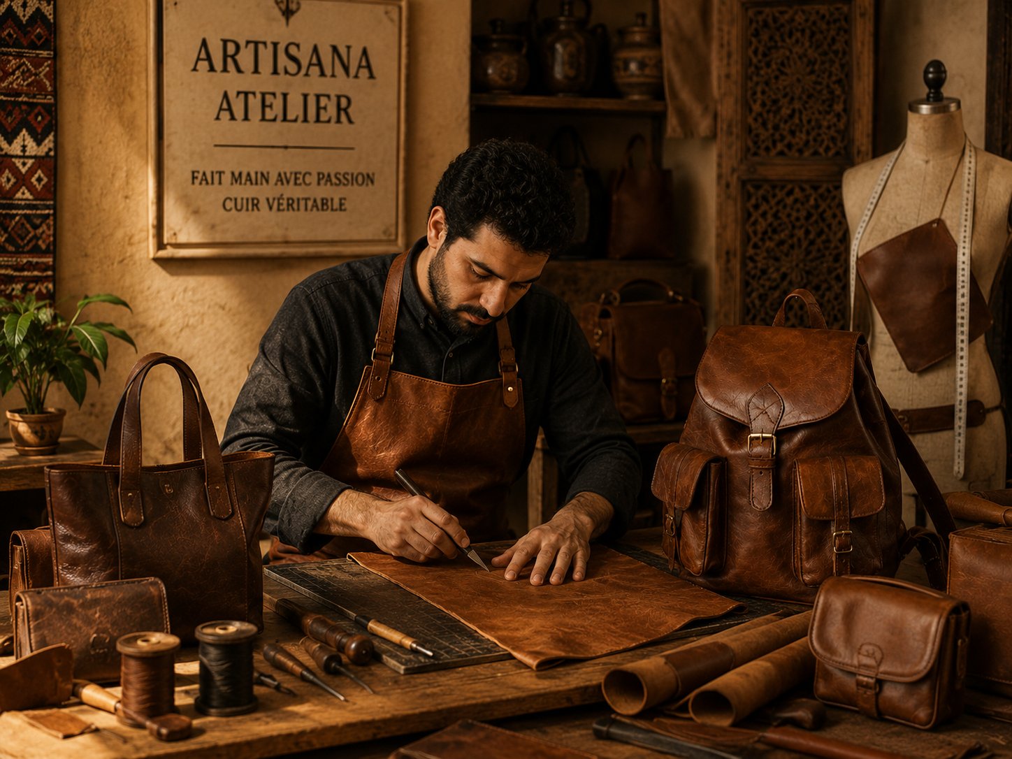 Artisan façonnant le cuir dans l'atelier